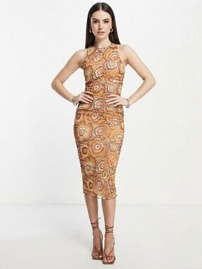 Neon Rose Sleeveless Midi Dress Floral Print